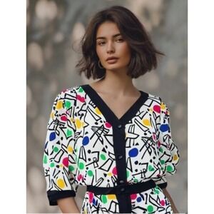 80s Midi Dress Size Large Pop Art Print Half Sleeve Button Down Made France EUC